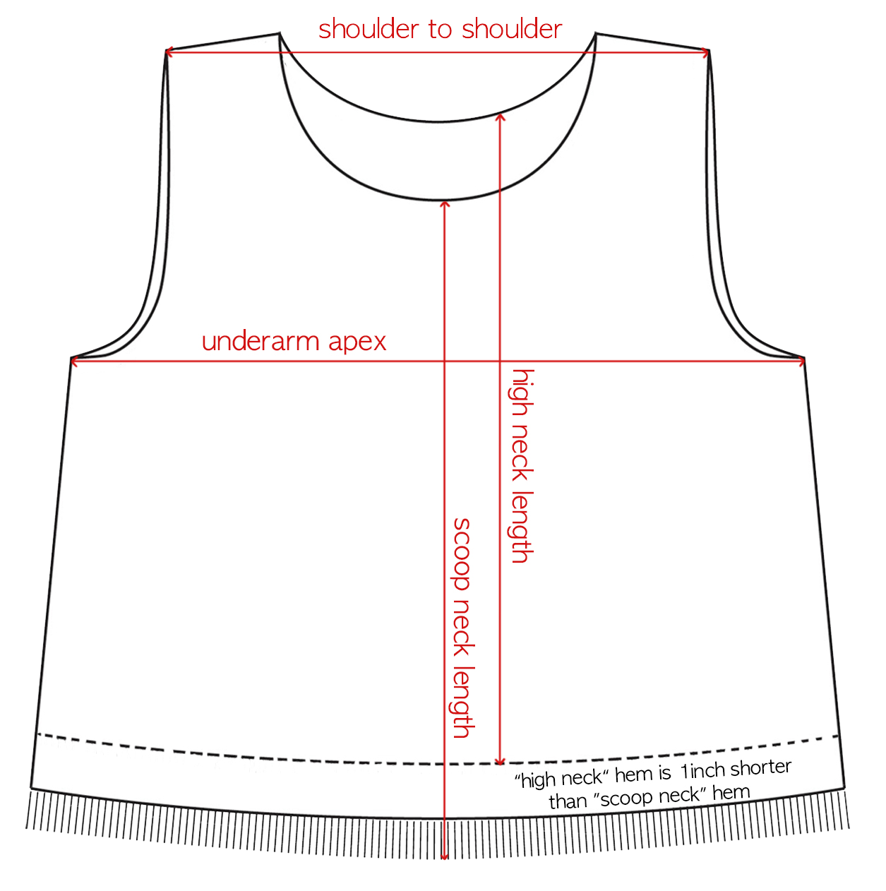 Diagram of a Color of Heat tank top showing where each measurement is taken: shoulder to shoulder, underarm across apex, scoop neck length and high neck length